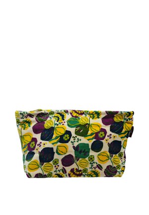 Pochette rectangulaire en tissu avec un motif floral coloré en jaune, vert, violet et bleu foncé sur fond crème.