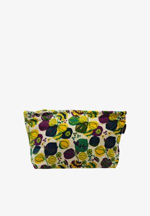 Pochette rectangulaire en tissu avec un motif floral coloré en jaune, vert, violet et bleu foncé sur fond crème.