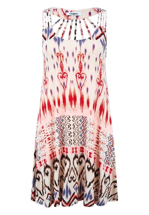 Abito senza maniche con un design a più fantasie in rosso, blu e beige. Presenta una schiena scoperta e una silhouette fluida a forma di A.