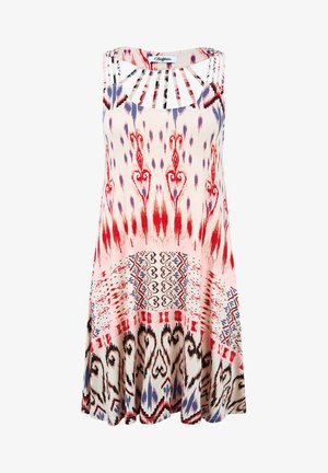 Sukňa bez rukávov s viacfarebným dizajnom v červenej, modrej a béžovej farbe. Má vykrajovanú zadnú časť a plynulý A-liniový siluet.
