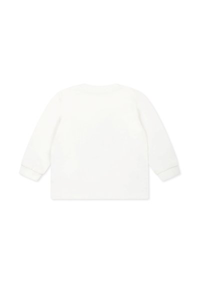 Maglietta bianca a maniche lunghe con scollatura rotonda e maniche con polsini. Tessuto liscio, senza motivi o dettagli visibili, design semplice.