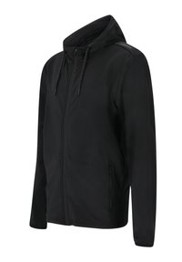 Svart huva jacka i mjukt tyg, med full dragkedja frampanel, justerbar huva och sidofickor. Slät textur med minimala accenter.