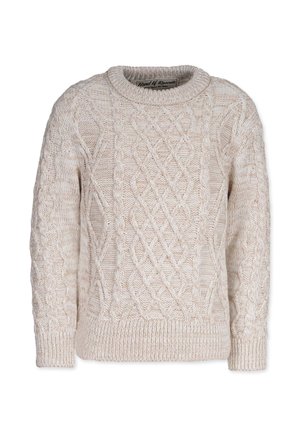 Beżowy sweter o splocie warkoczowym z okrągłym dekoltem, z teksturowanymi wzorami oraz ściągaczami na rękawach i dole. Wykonany z grubego dzianego materiału.