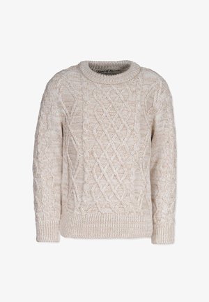 Maglione beige a trecce con collo rotondo, caratterizzato da motivi in rilievo e polsini e orlo a coste. Realizzato in materiale lavorato a maglia spesso.