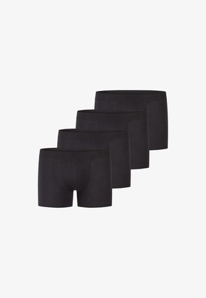Quatre boxers pour hommes noirs disposés en diagonale, montrant les détails de l'avant et de la ceinture sur un fond blanc uni.