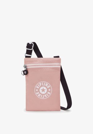 Pink nylon crossbody bag with a white logo, zippered closure, and adjustable black strap. Flat design with smooth texture and minimal accents.