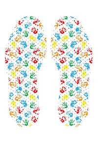 Footprints with a white background feature colorful handprints in red, blue, green, yellow, and orange, surrounded by small black dots.