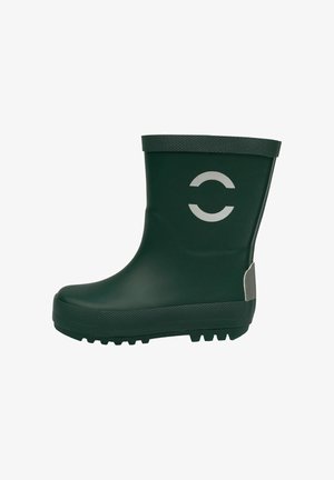 Zelena gumena čizma do gležnja s teksturiranom potplatom, glatkom gornjom stranom i sivim logotipom. Ima ojačan petni deo i vodootpornu dizajn.