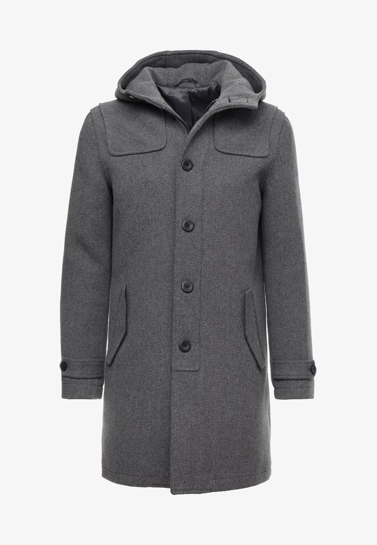 Manteau en laine gris de longueur moyenne avec capuche, quatre boutons noirs sur le devant, poches avant inclinées et poignets à boutons.
