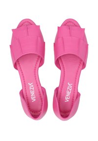 Pink open-toe slides made of smooth synthetic material, featuring layered design on the upper and pink cushioned insole with logo.