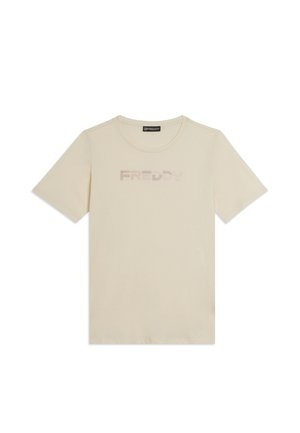T-shirt beige a maniche corte con collo rotondo e logo "FREDDY" a puntini sottili sul petto.