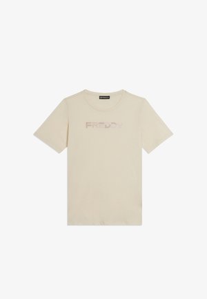 T-shirt beige à manches courtes avec col rond et logo "FREDDY" délicatement ponctué sur la poitrine.