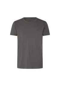 Grijze short-sleeve t-shirt van zacht materiaal; heeft een ronde hals en een klein, verdiept logo op de borst.