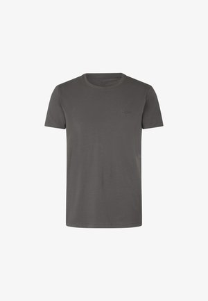 Šedé tričko s krátkým rukávem vyrobené z měkké látky; má kulatý výstřih a malé, vyražené logo na hrudi.