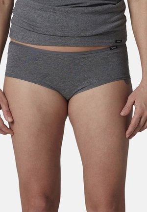 Gray cotton blend hipster briefs with elastic waistband, smooth texture, and no visible patterns. Tag on left side features brand logo.