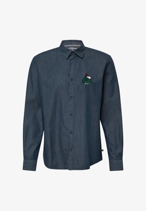 Dunkelblaues, langärmliges Hemd aus Denim mit Knöpfen; zeigt ein gesticktes Design eines Cartoon-Hundes, der eine grüne Jacke und einen roten Hut trägt.