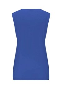 Ärmelloses Oberteil aus einfarbigem blauen Stoff, mit Rundhalsauschnitt und glatter Textur. Das Design betont einen einfachen, schlichten Stil.