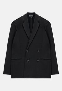 Melna divrindas žakete ar izgrieztiem elkoņiem, četriem pogām un divām priekšējām kabatām, izklāta uz baltas fona.