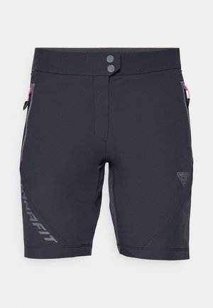 Black athletic shorts with a smooth texture, featuring two front buttons, zippered side pockets, and a printed logo on one side.