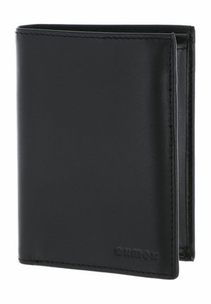 Portefeuille pliable en cuir noir avec le nom de la marque embossé dans le coin inférieur droit, présenté partiellement ouvert sur fond blanc.