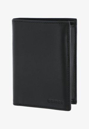Black leather bifold wallet with embossed brand name in lower right corner, shown partially open against white background.