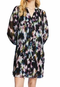 Pleated dress in lightweight fabric with a multicolored abstract pattern, featuring a V-neckline and billowing long sleeves.