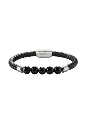 Bracciale intrecciato in pelle nera con cinque perle rotonde nere e chiusura magnetica in acciaio inossidabile.