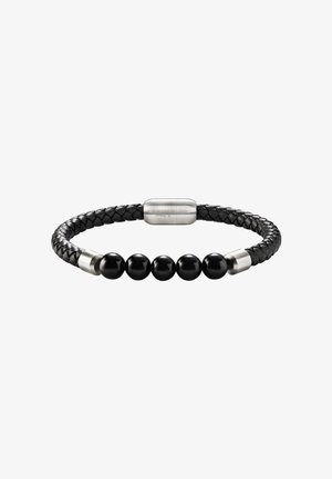 Sort flettet læderarmbånd med fem sorte runde perler og magnetisk lås i rustfrit stål.
