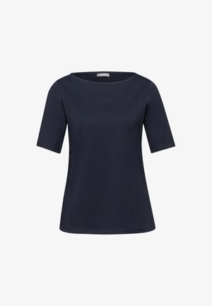 Marineblaue Kurzarmbluse mit rundem Ausschnitt und geradem Saum, innen am Kragen mit "Street One" beschriftet.