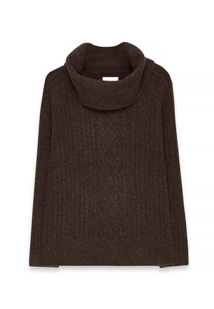 Pull en laine marron avec un col roulé haut et replié. Présente une texture côtelée et un design ample, idéal pour le superposition.