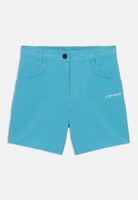 Pantalones cortos de color azul claro, hechos de una tela suave, con dos bolsillos frontales, cierre con botón y un pequeño logo en el bolsillo izquierdo.