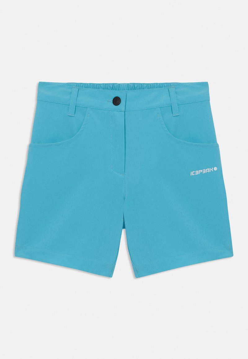 Pantalones cortos de color azul claro, hechos de una tela suave, con dos bolsillos frontales, cierre con botón y un pequeño logo en el bolsillo izquierdo.