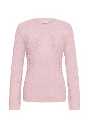 Pulover roz deschis cu mâneci lungi din dantelă, cu modele florale, decolteu rotund și manșete și tiv cu aspect nervurat, etichetat "Saint" pe interiorul gulerului.