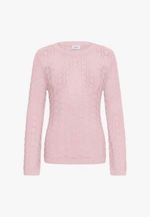 Suéter de encaje de manga larga color rosa claro con patrones florales, cuello redondo y puños y dobladillo acanalados, con etiqueta "Saint" en el interior del cuello.