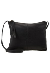 Pochette in pelle nera con tracolla regolabile, chiusura con zip e texture liscia. Presenta un design semplice e un dettaglio di cucitura centrale.