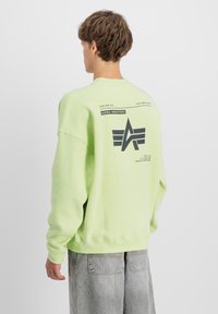 Svijetlozeleni dukserica opuštenog kroja, s rebrastim manžetama i grafikom na leđima koja prikazuje Alpha Industries logo i tekstualne detalje.