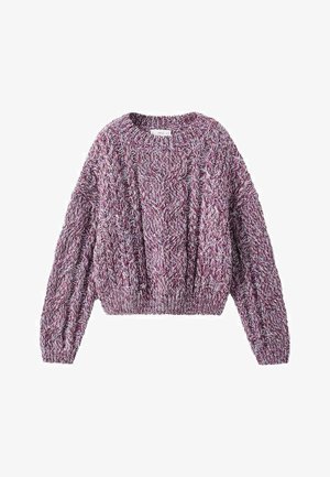 Pull en maille épaisse de couleur violet marbré avec un col rond. Il présente des motifs en câbles texturés et des finitions côtelées aux bords et aux manches. Design court.