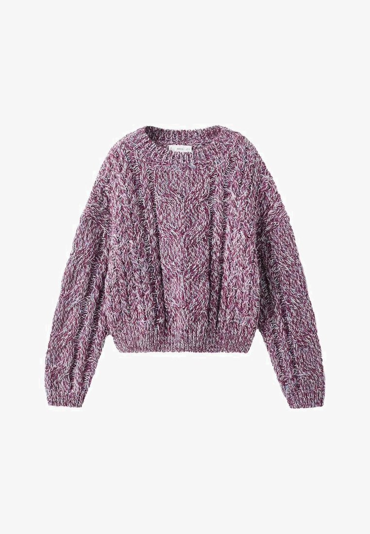 Chunky pletena majica v melange vijolični barvi z okroglo ovratnikom. Ponuja teksturirane kabelske vzorce ter rebrast rob in manšete. Skrajšana zasnova.