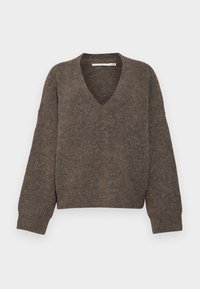Brun, v-hals genser med lange, litt pufferte ermer, laget av teksturert strikket stoff, med en cropped silhuett.