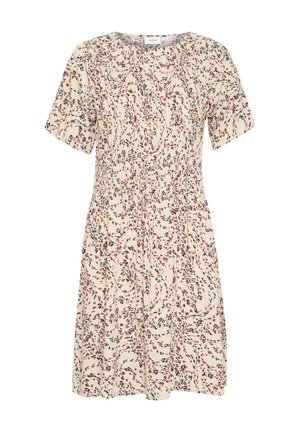 Vestido de manga corta en beige claro con un patrón floral en espiral en rojo y azul marino. Presenta un escote redondo y una cintura ceñida para darle forma.
