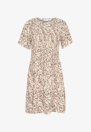 Korte mouwen jurk in lichtbeige met een draaiend bloemenpatroon in rood en marineblauw. Bevat een ronde halslijn en een taillering voor een mooie vorm.