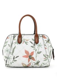 Sac à main floral en tissu texturé blanc, avec des poignées en cuir marron et des motifs botaniques verts, roses et oranges. Ouverture zippée.