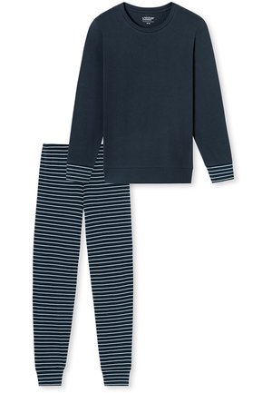 Marinblå långärmad skjorta med rundad hals, kombinerad med marinblå och vita randiga byxor, tillverkade av mjukt material, med elastisk midja och ärmslut.