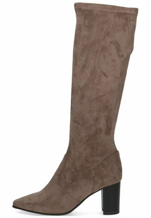 Braune Wildleder-Kniehohe Stiefel mit spitzer Zehe, quadratischem Blockabsatz und glatter Textur. Verfügt über vertikale Nahtdetails.