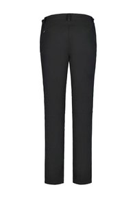 Mustat housut, jotka on valmistettu sileästä ja joustavasta kankaasta. Niissä on suora leikkaus, vetoketjulliset taskut sekä vyötärö, jossa on vyölenkit säätämistä varten.