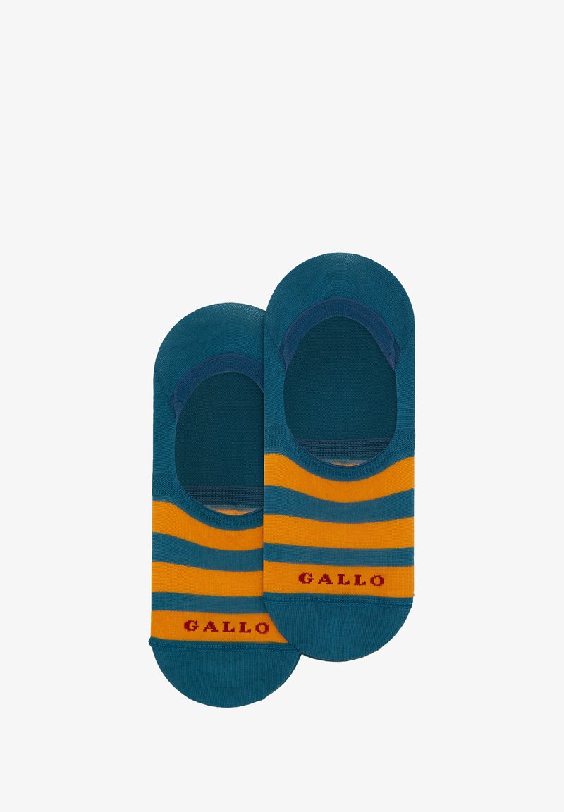 Calzini alla caviglia turchesi con strisce orizzontali arancioni e blu scuro, polsini a coste e testo rosso "GALLO" sul lato. Tessuto morbido.