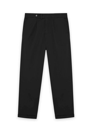 Pantalon tailleur noir avec fermeture à bouton, poches latérales, et ourlet légèrement raccourci et retroussé sur un fond blanc.