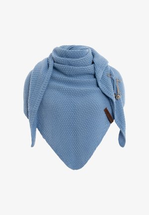 Light blue woven scarf with a textured finish, triangular shape, and pin detail for fastening. Includes a small leather label accent.