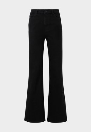 Sorte flagrende jeans med høy midje, laget av denim. Har strukturerte lommer og knappfeste foran. Slett tekstur.