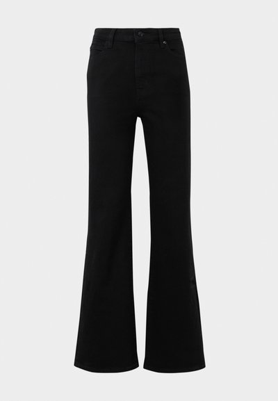 Black flared jeans with a high waist, made from denim. Features structured pockets and a button fastening at the front. Smooth texture.